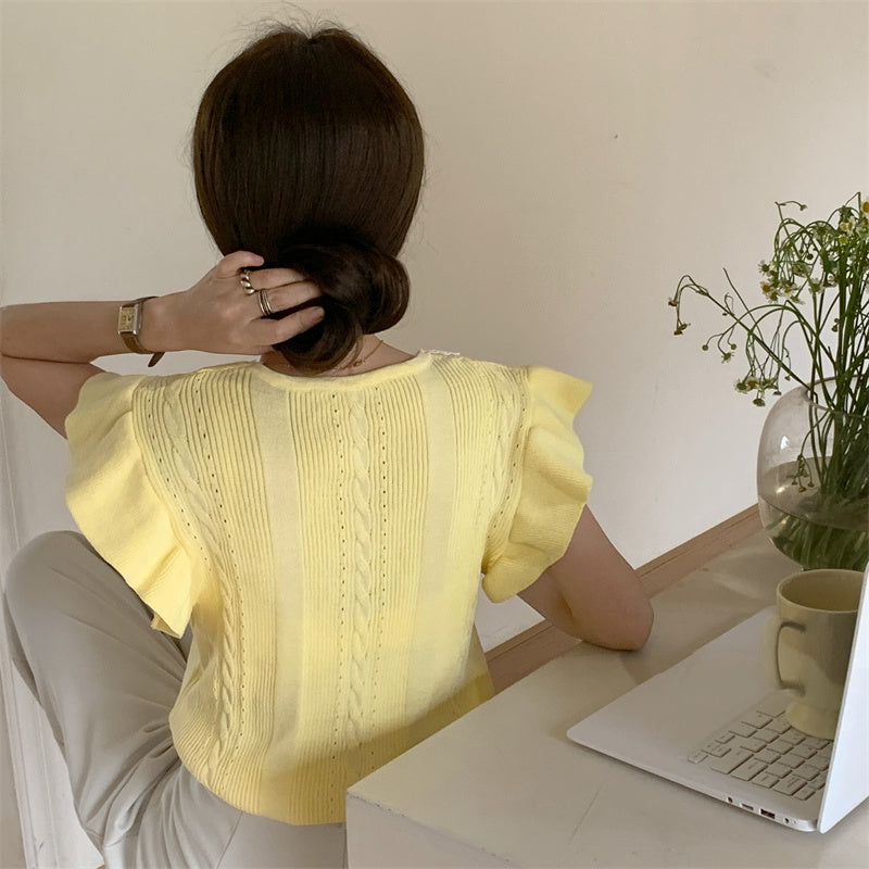 📺︎︎ CGE5314-88B 蕾絲拼接冰絲針織衫T恤(4色)