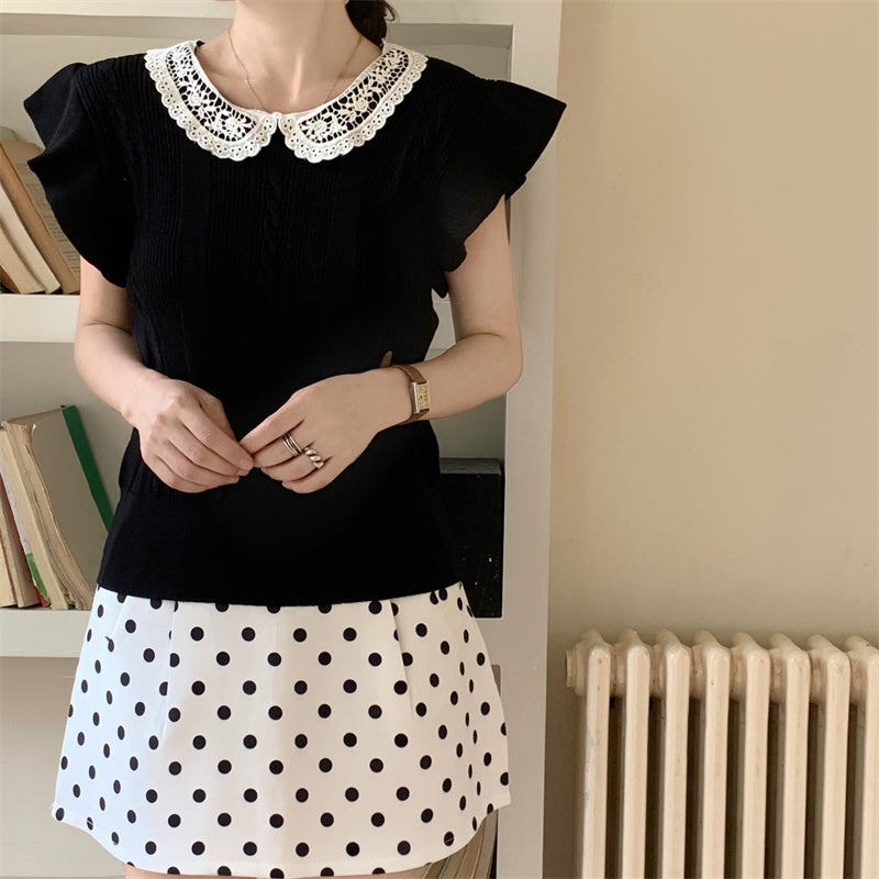 📺︎︎ CGE5314-88B 蕾絲拼接冰絲針織衫T恤(4色)