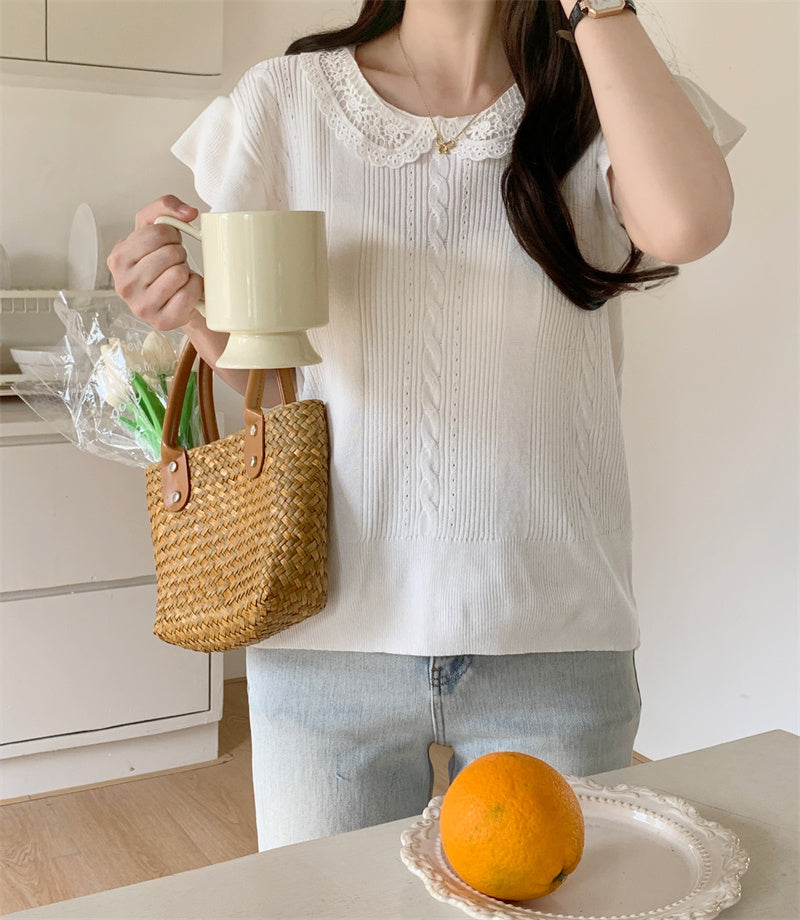 📺︎︎ CGE5314-88B 蕾絲拼接冰絲針織衫T恤(4色)