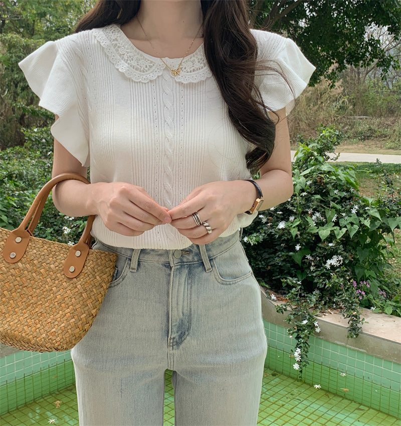 📺︎︎ CGE5314-88B 蕾絲拼接冰絲針織衫T恤(4色)