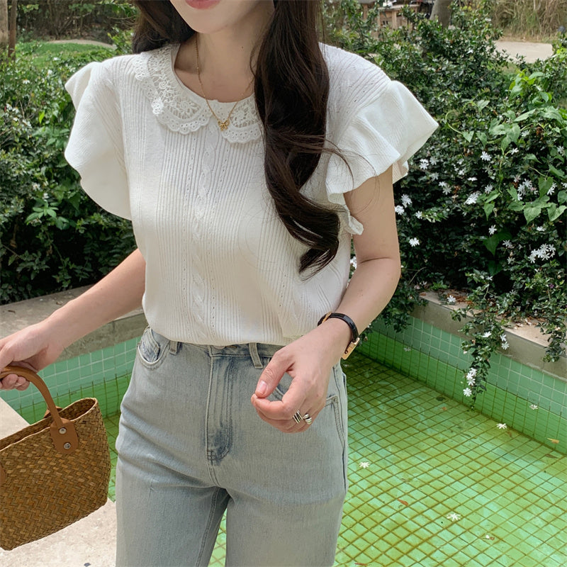 📺︎︎ CGE5314-88B 蕾絲拼接冰絲針織衫T恤(4色)