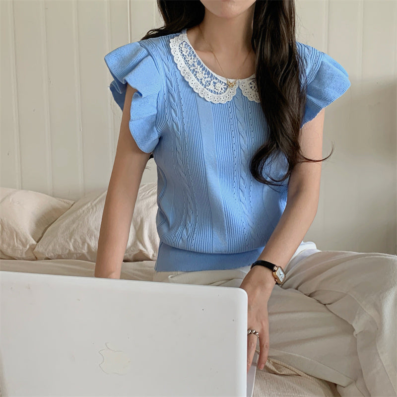 📺︎︎ CGE5314-88B 蕾絲拼接冰絲針織衫T恤(4色)