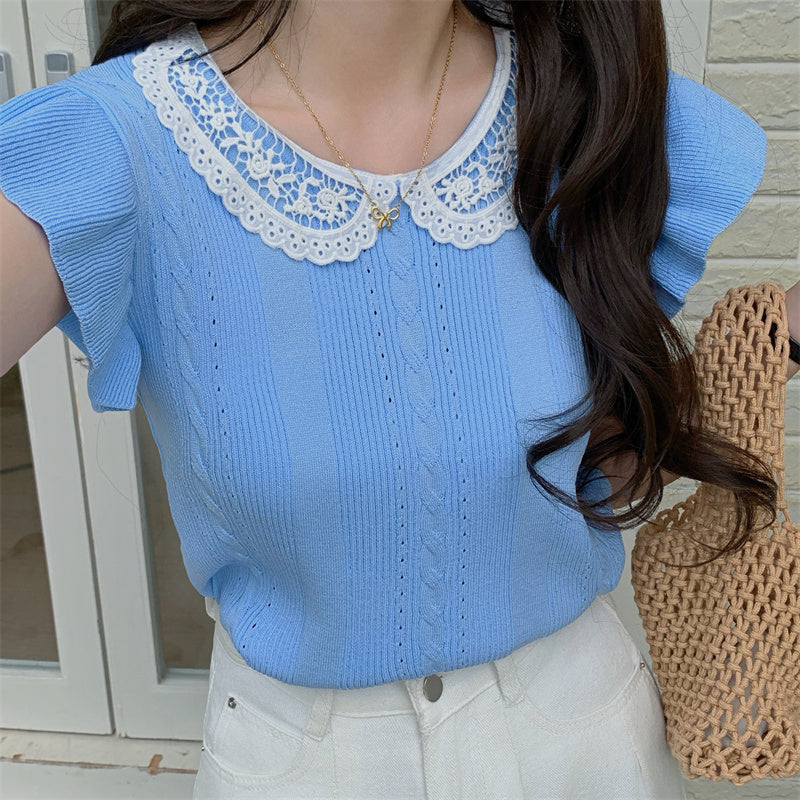 📺︎︎ CGE5314-88B 蕾絲拼接冰絲針織衫T恤(4色)