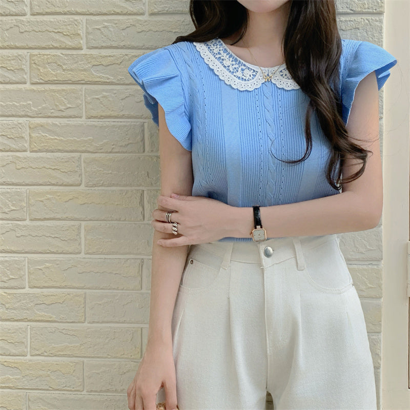 📺︎︎ CGE5314-88B 蕾絲拼接冰絲針織衫T恤(4色)