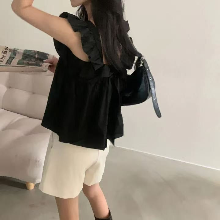 CGF13896-17B 飛飛袖後背系帶蝴蝶結背心上衣(3色)