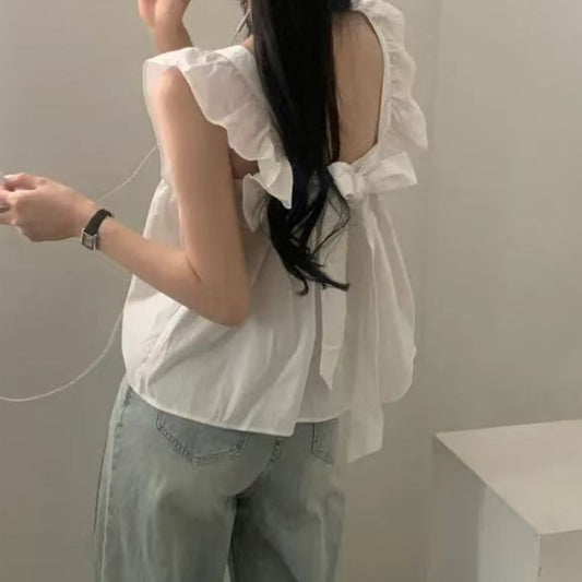 CGF13896-17B 飛飛袖後背系帶蝴蝶結背心上衣(3色)