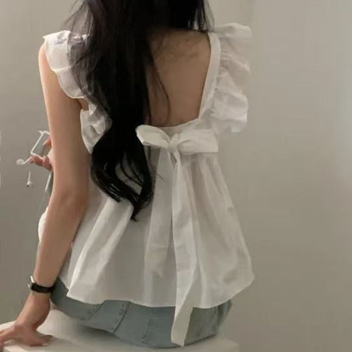 CGF13896-17B 飛飛袖後背系帶蝴蝶結背心上衣(3色)