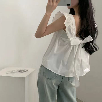 CGF13896-17B 飛飛袖後背系帶蝴蝶結背心上衣(3色)