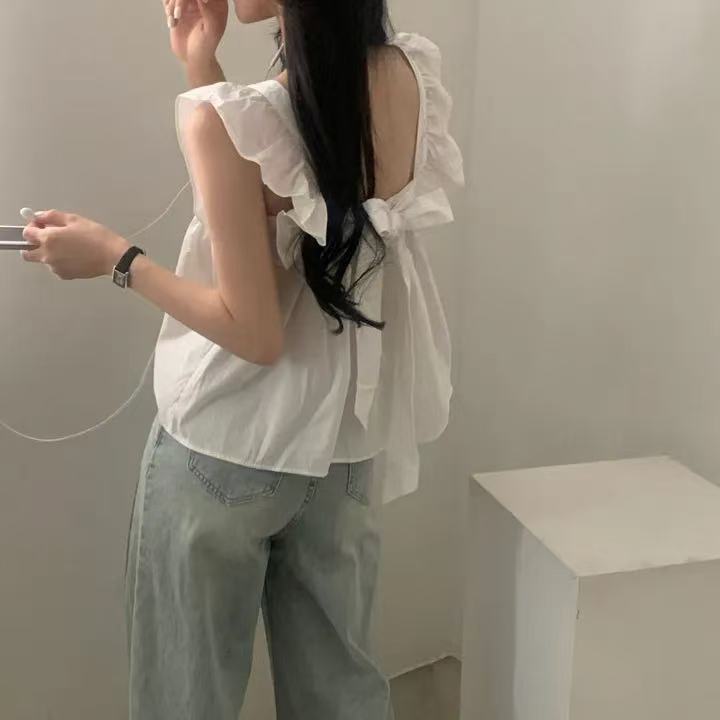 CGF13896-17B 飛飛袖後背系帶蝴蝶結背心上衣(3色)