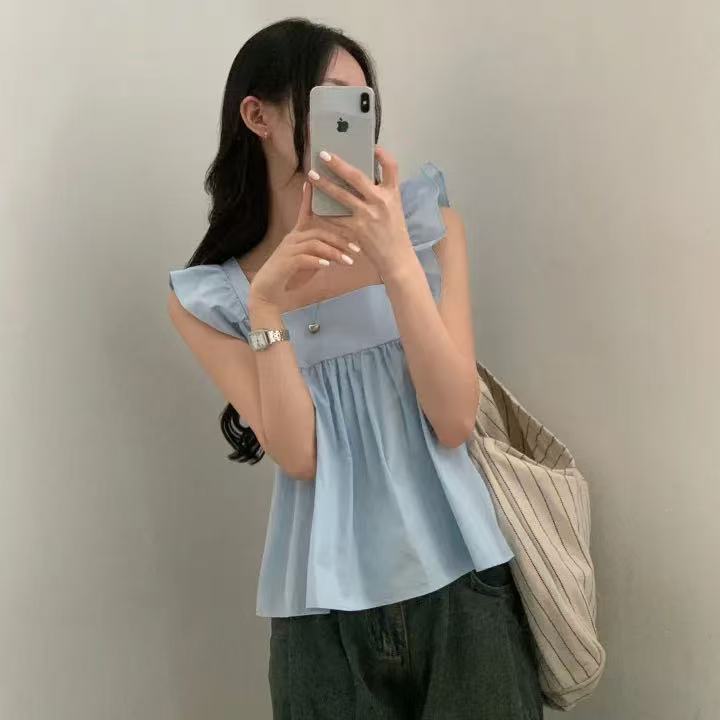 CGF13896-17B 飛飛袖後背系帶蝴蝶結背心上衣(3色)