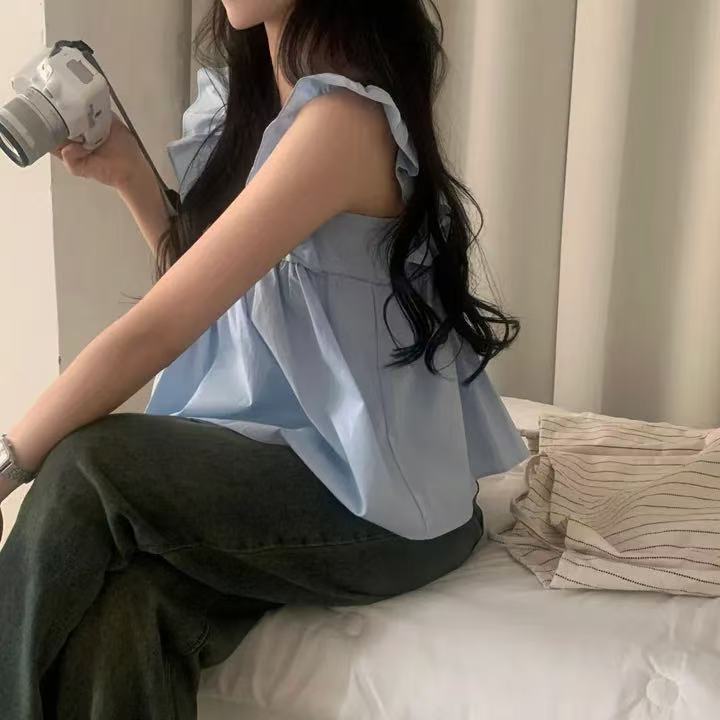 CGF13896-17B 飛飛袖後背系帶蝴蝶結背心上衣(3色)