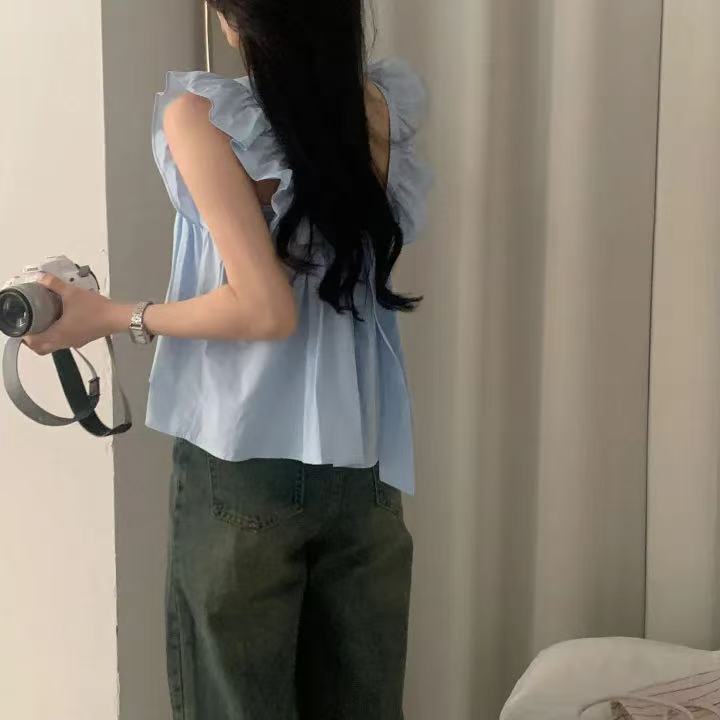 CGF13896-17B 飛飛袖後背系帶蝴蝶結背心上衣(3色)