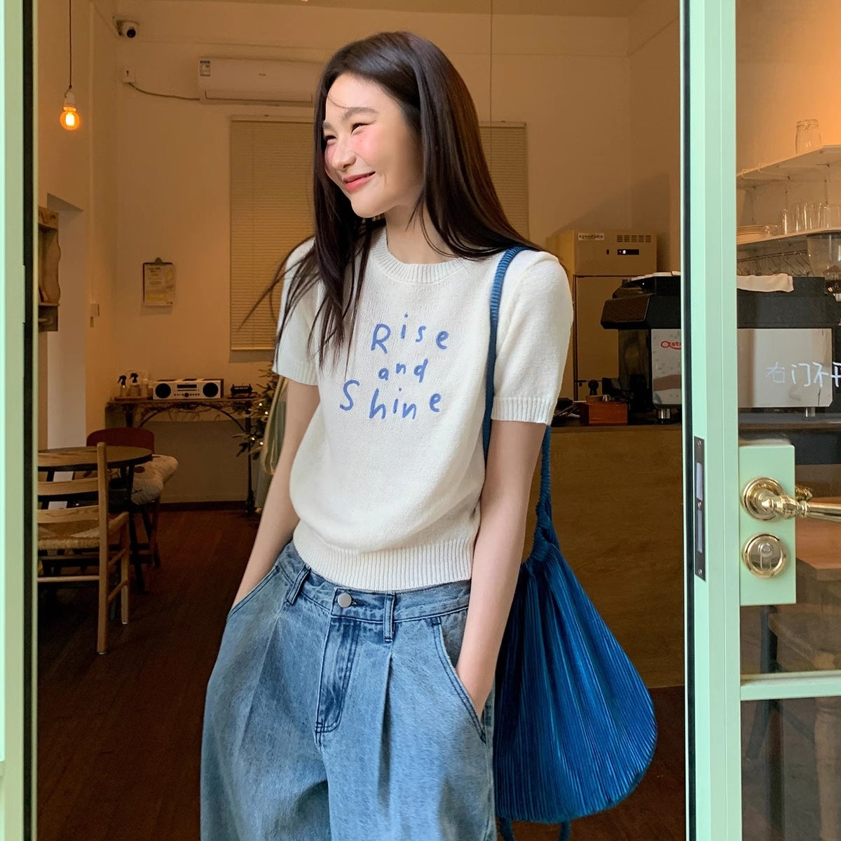 CGE44507-117B 春夏撞色字母刺繡短袖針織衫(4色)