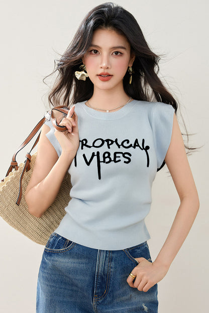 CGE8051-89B 夏款韓版圓領字母繡花褶皺收腰短袖