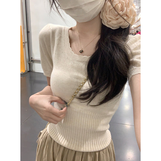 CGE7395-56B 春夏修身U領花邊設計針織短袖上衣(4色)