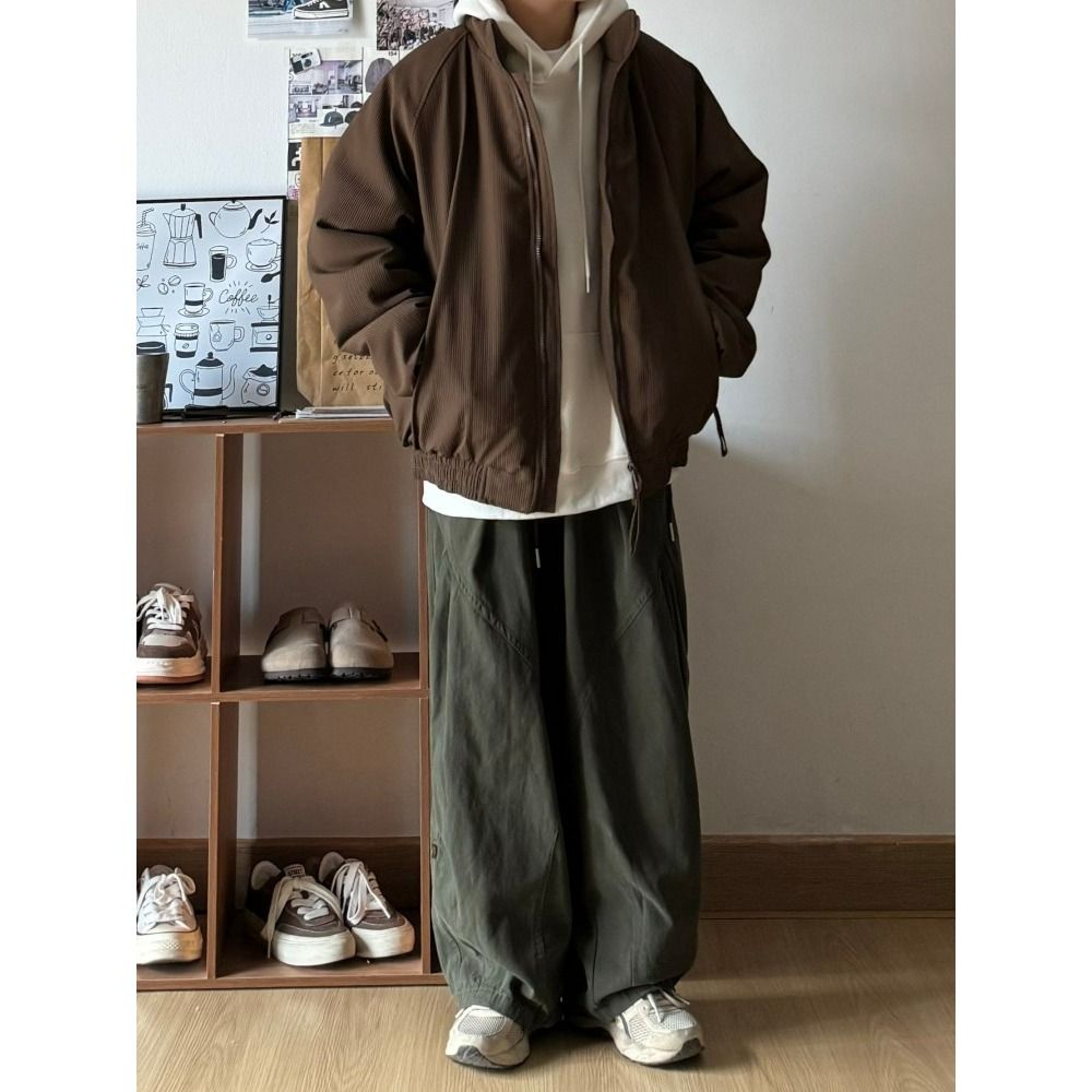 CBA8414-54B 春秋日系工裝闊腿褲百搭褶皺直筒寬鬆長褲(2色)