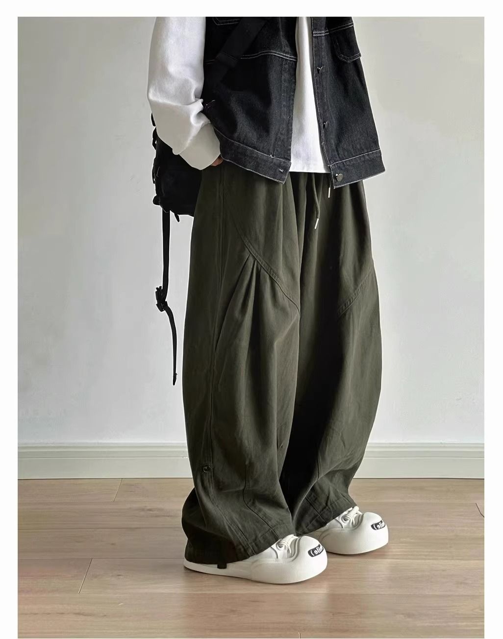 CBA8414-54B 春秋日系工裝闊腿褲百搭褶皺直筒寬鬆長褲(2色)