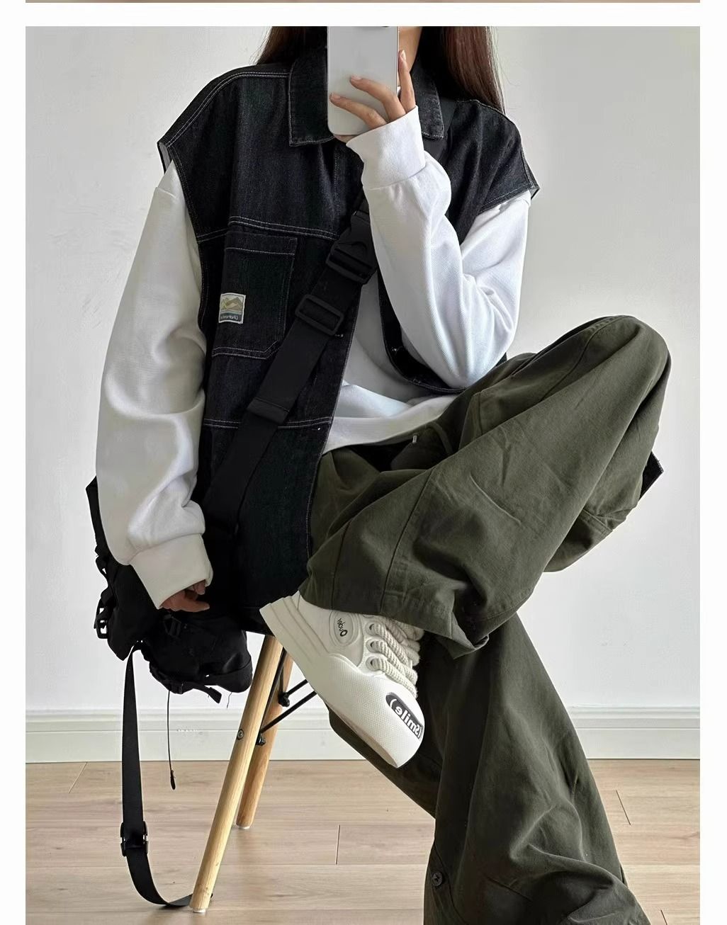 CBA8414-54B 春秋日系工裝闊腿褲百搭褶皺直筒寬鬆長褲(2色)