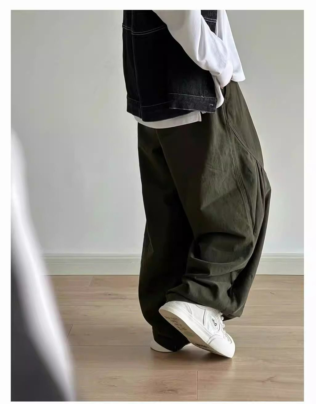 CBA8414-54B 春秋日系工裝闊腿褲百搭褶皺直筒寬鬆長褲(2色)