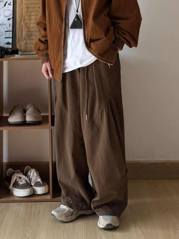 CBA8414-54B 春秋日系工裝闊腿褲百搭褶皺直筒寬鬆長褲(2色)