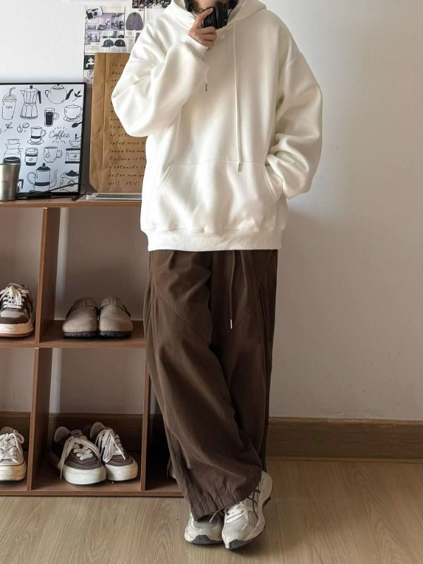 CBA8414-54B 春秋日系工裝闊腿褲百搭褶皺直筒寬鬆長褲(2色)