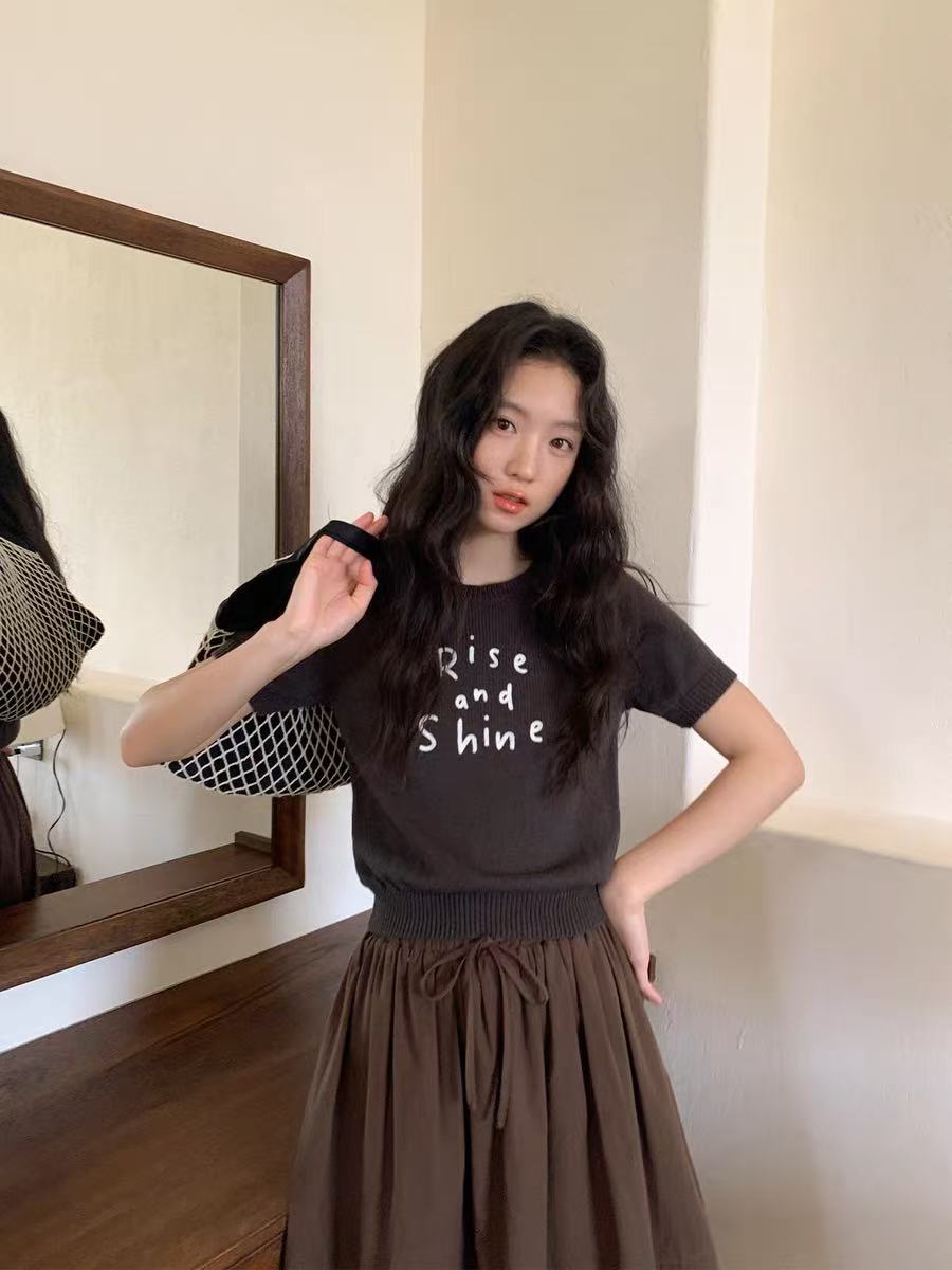 CGE44507-117B 春夏撞色字母刺繡短袖針織衫(4色)