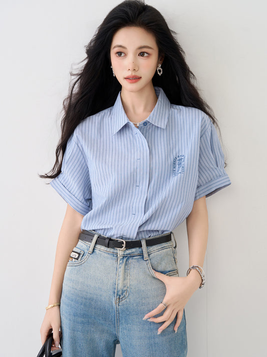 CGE9765-4B 藍色襯衣夏復古刺繡休閒百搭短袖條紋POLO領襯衫