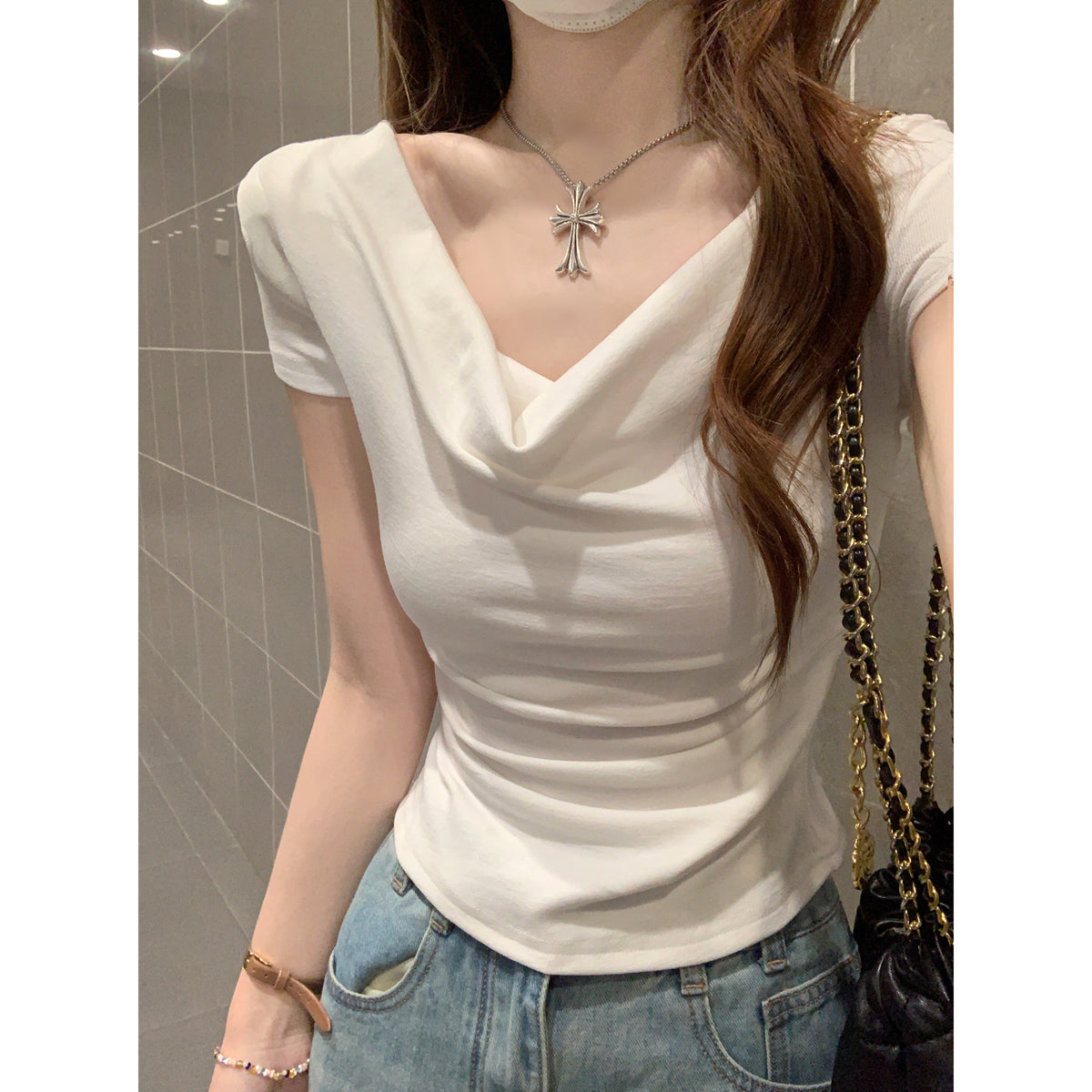 CGE16003-56B 夏季蕩領短款設計感短袖T恤(3色)