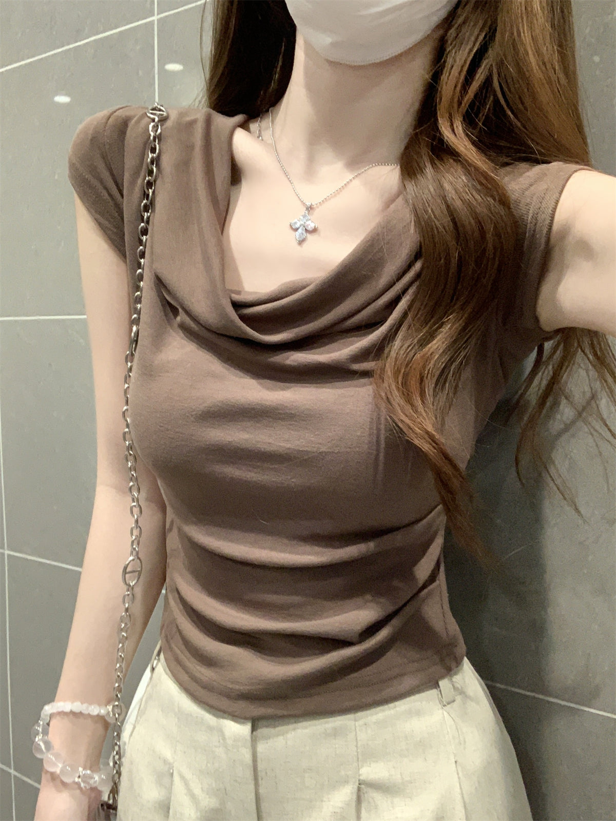 CGE16003-56B 夏季蕩領短款設計感短袖T恤(3色)