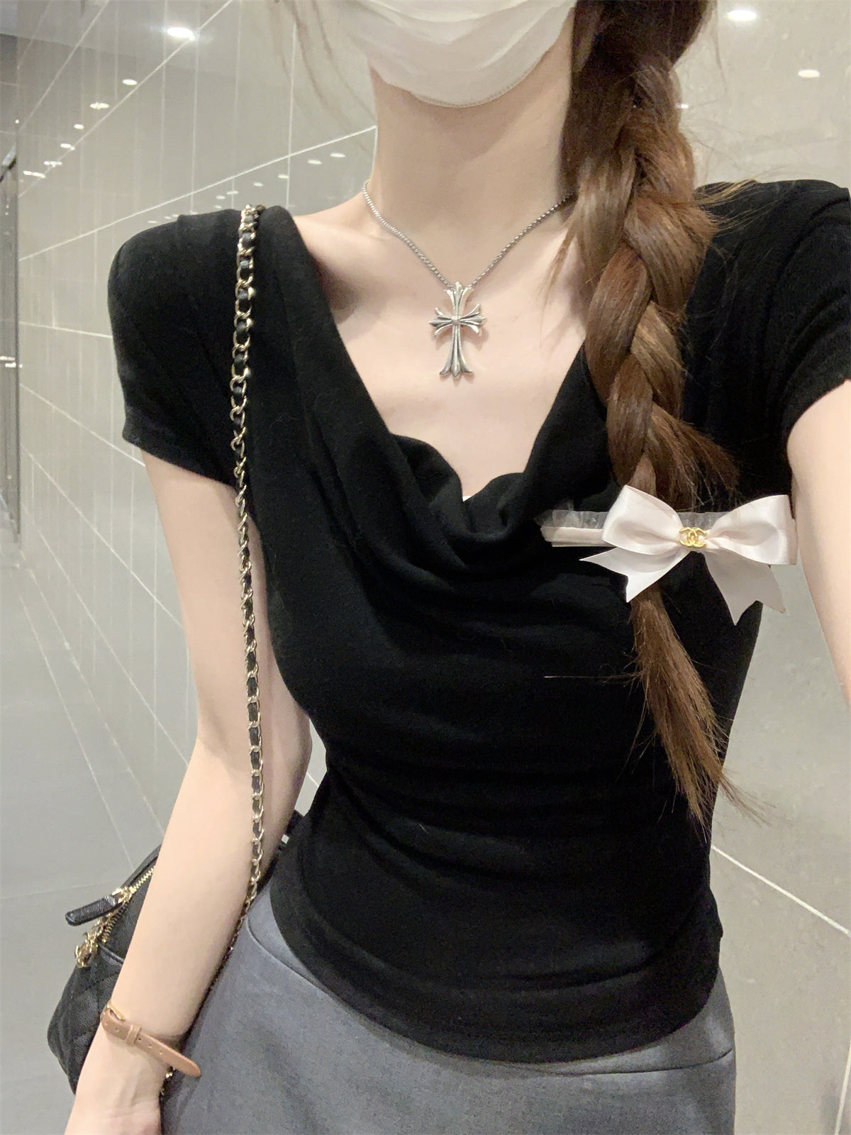 CGE16003-56B 夏季蕩領短款設計感短袖T恤(3色)