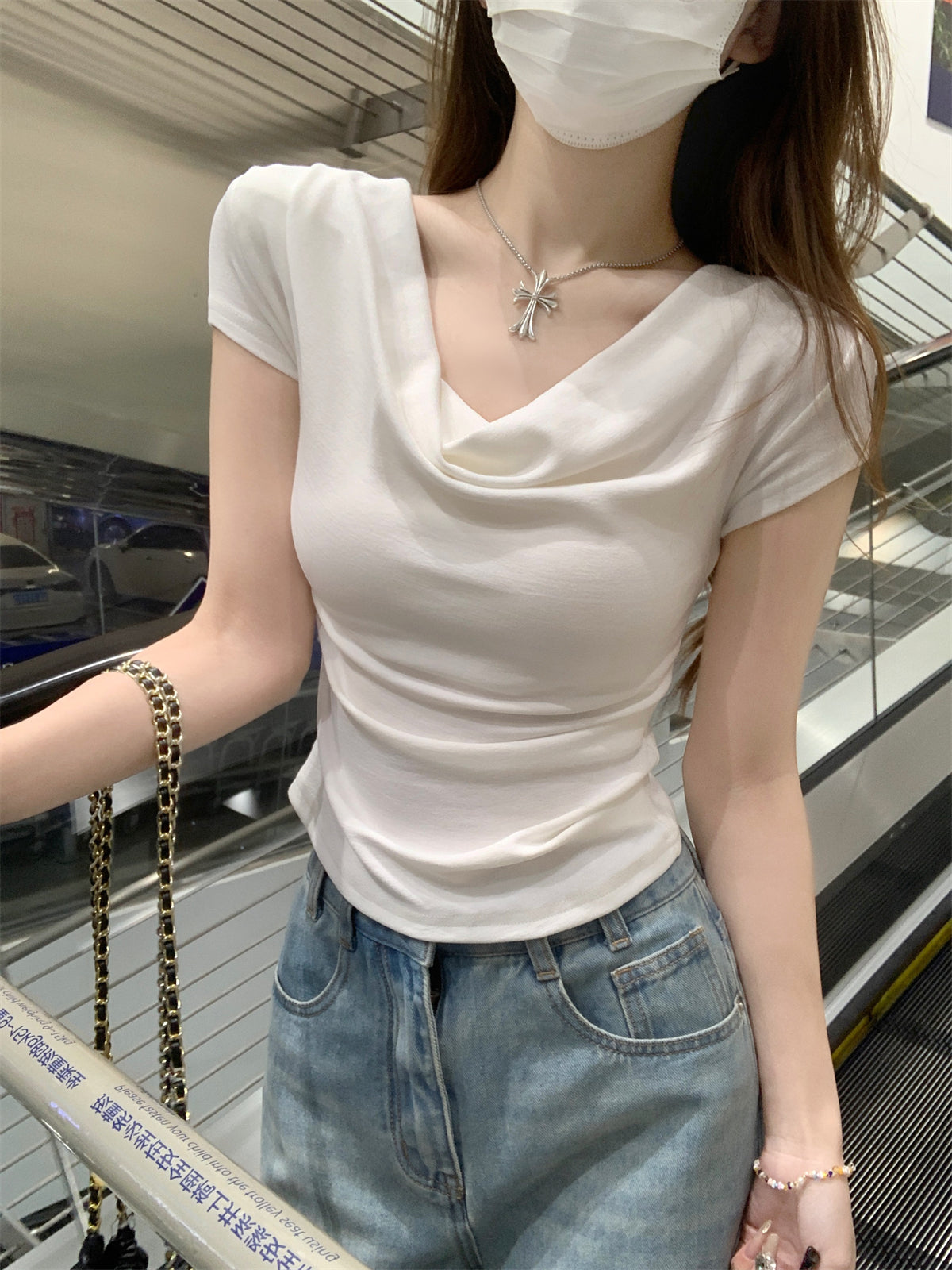 CGE16003-56B 夏季蕩領短款設計感短袖T恤(3色)