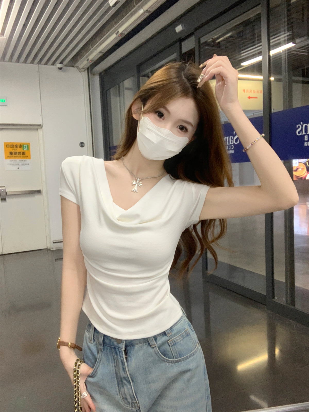 CGE16003-56B 夏季蕩領短款設計感短袖T恤(3色)