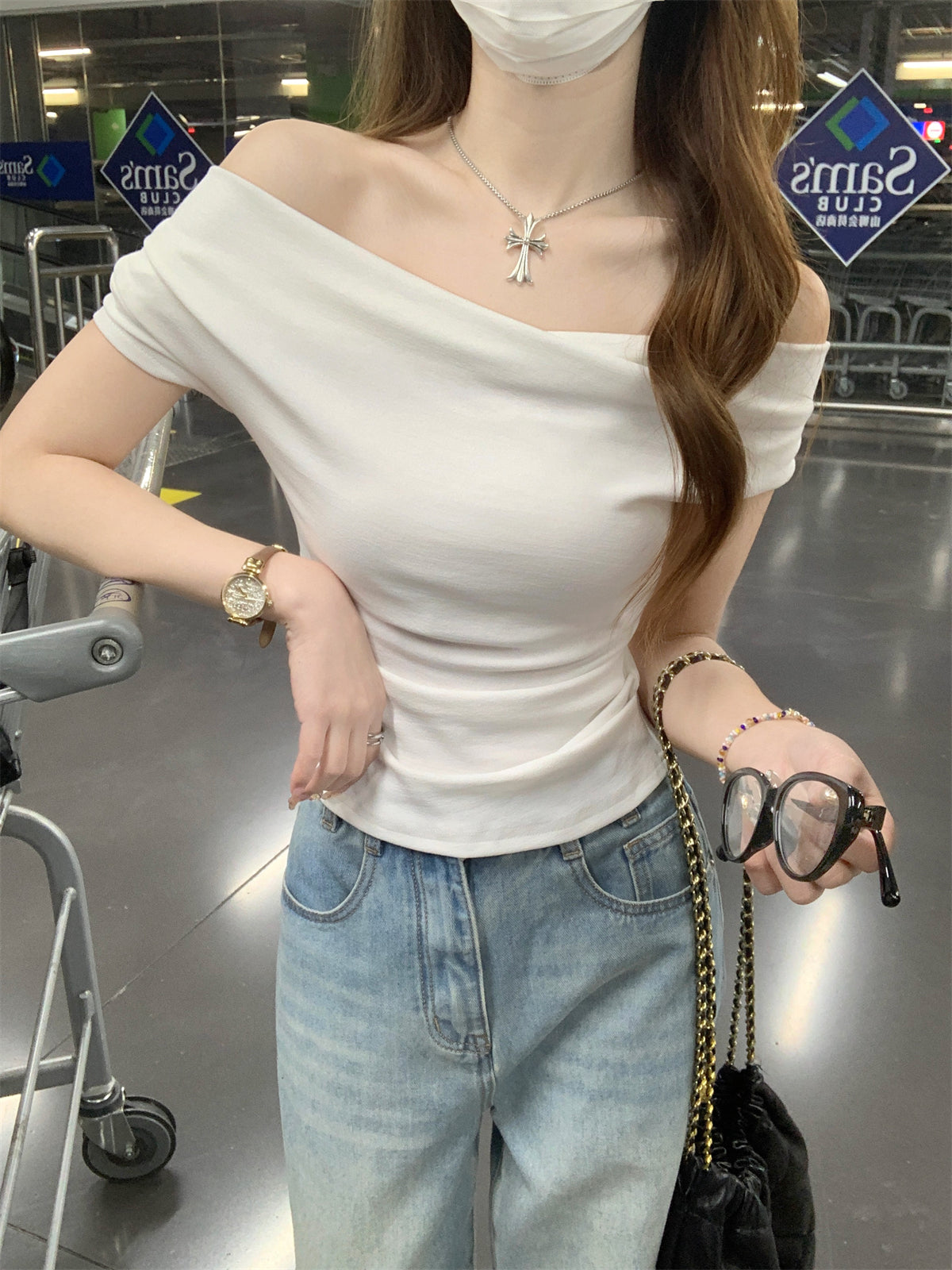 CGE16003-56B 夏季蕩領短款設計感短袖T恤(3色)