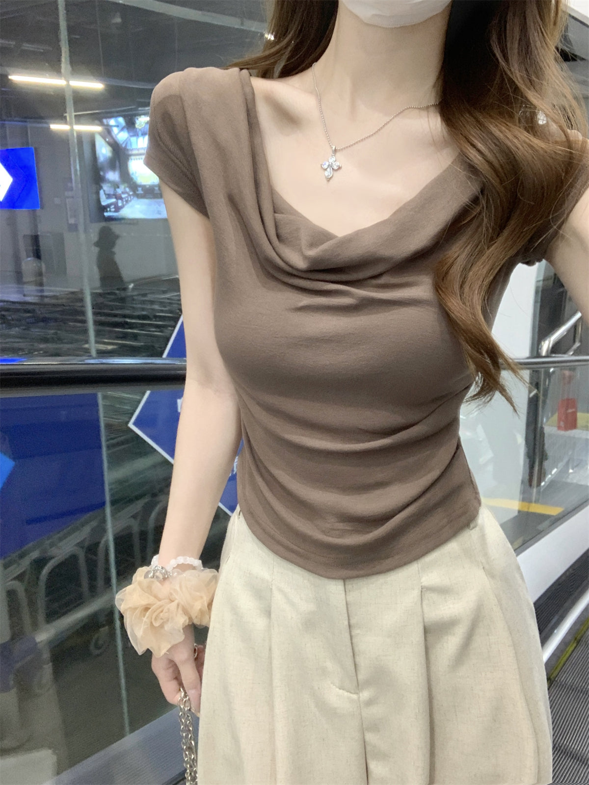 CGE16003-56B 夏季蕩領短款設計感短袖T恤(3色)