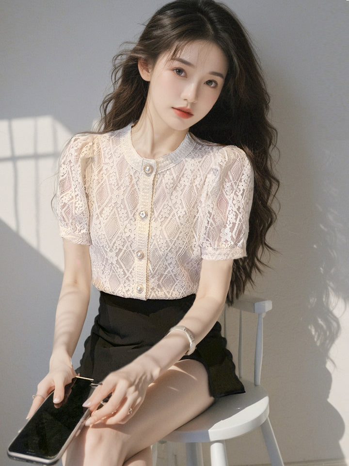 CGEA6623-4B 夏季圓領泡泡袖蕾絲襯衫