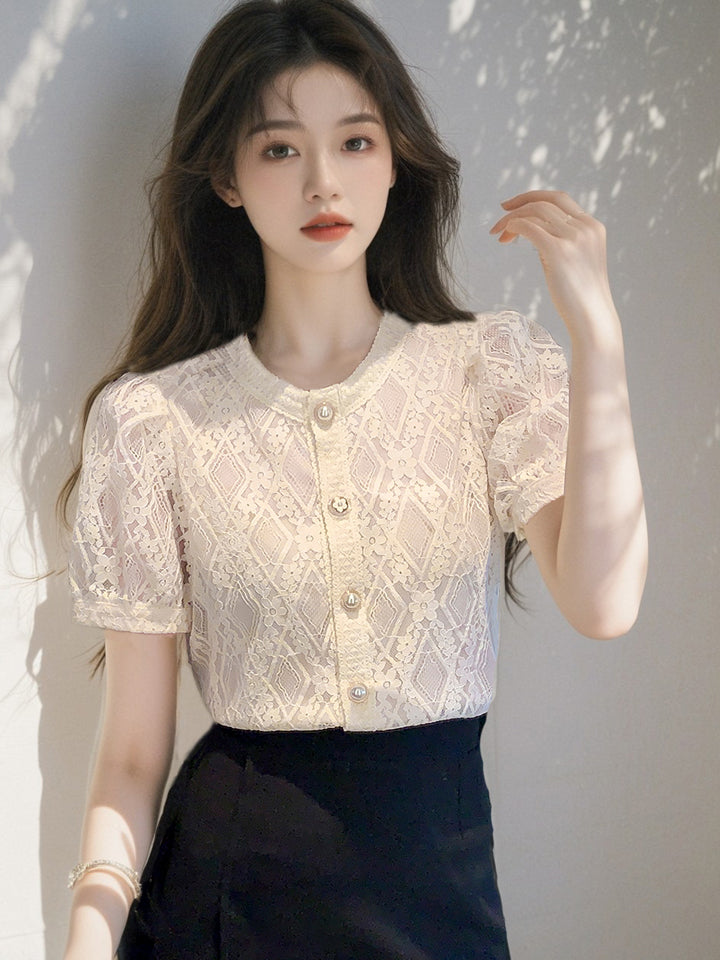 CGEA6623-4B 夏季圓領泡泡袖蕾絲襯衫