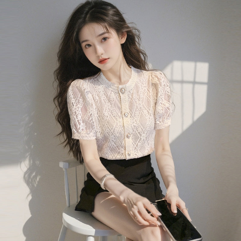 CGEA6623-4B 夏季圓領泡泡袖蕾絲襯衫