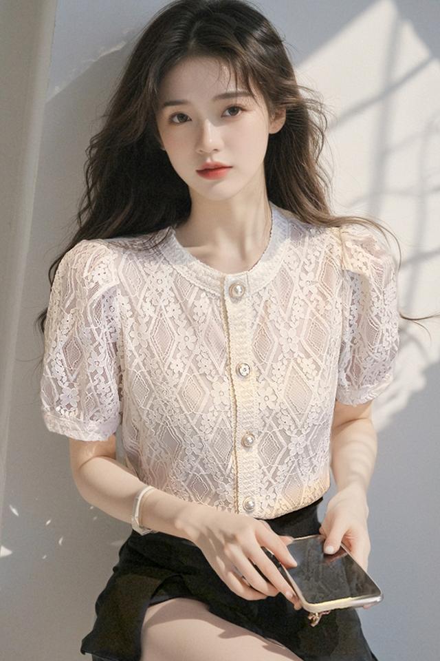 CGEA6623-4B 夏季圓領泡泡袖蕾絲襯衫