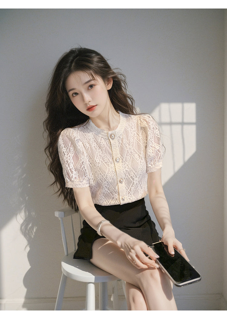 CGEA6623-4B 夏季圓領泡泡袖蕾絲襯衫