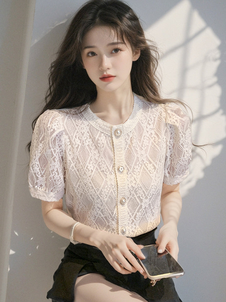 CGEA6623-4B 夏季圓領泡泡袖蕾絲襯衫