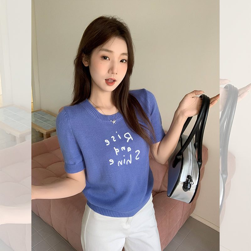 CGE44507-117B 春夏撞色字母刺繡短袖針織衫(4色)