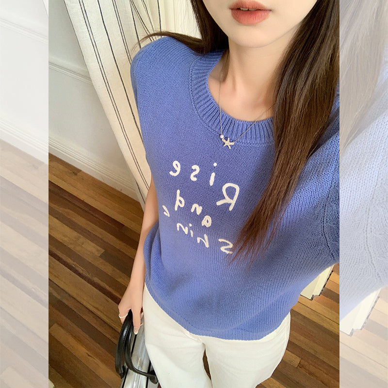 CGE44507-117B 春夏撞色字母刺繡短袖針織衫(4色)