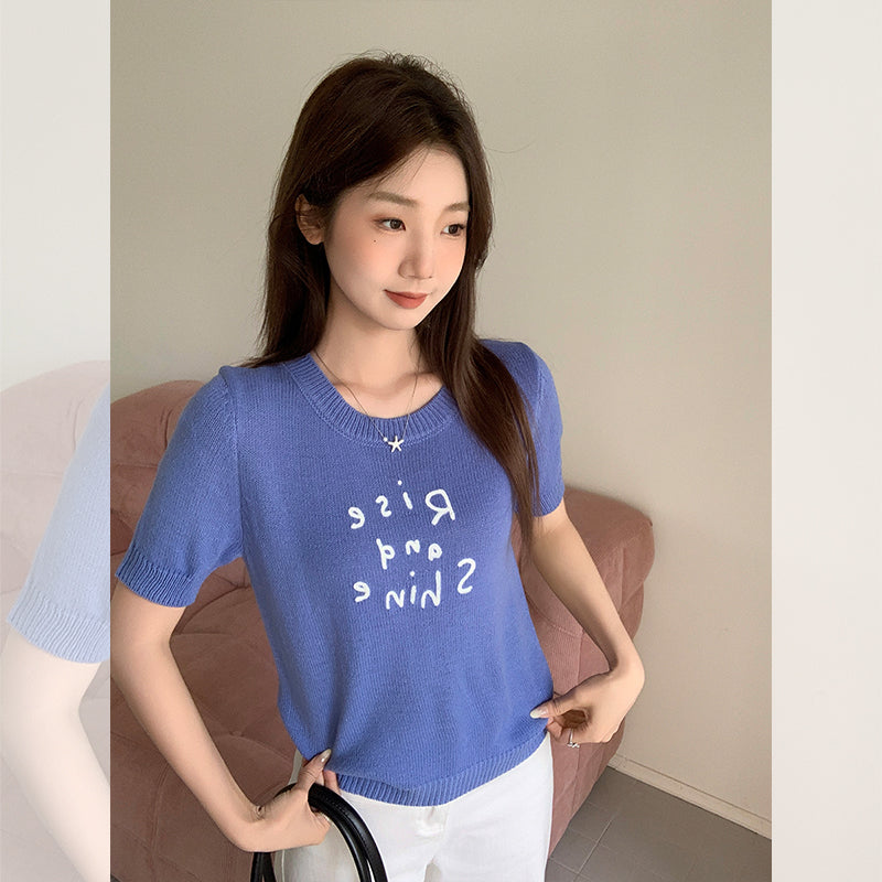 CGE44507-117B 春夏撞色字母刺繡短袖針織衫(4色)