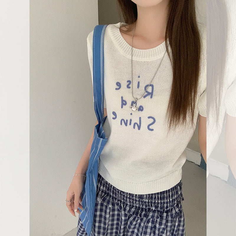 CGE44507-117B 春夏撞色字母刺繡短袖針織衫(4色)