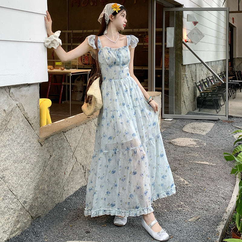 📺︎︎ CGBMD1555-41B 碎花雪紡連衣裙春夏露腰背交叉綁帶
