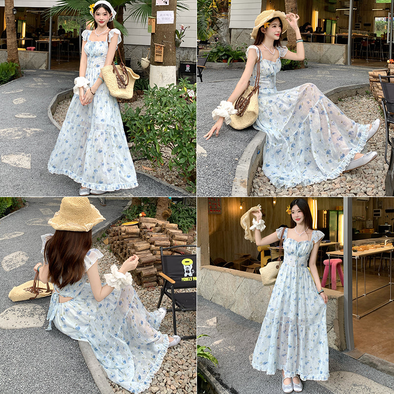📺︎︎ CGBMD1555-41B 碎花雪紡連衣裙春夏露腰背交叉綁帶