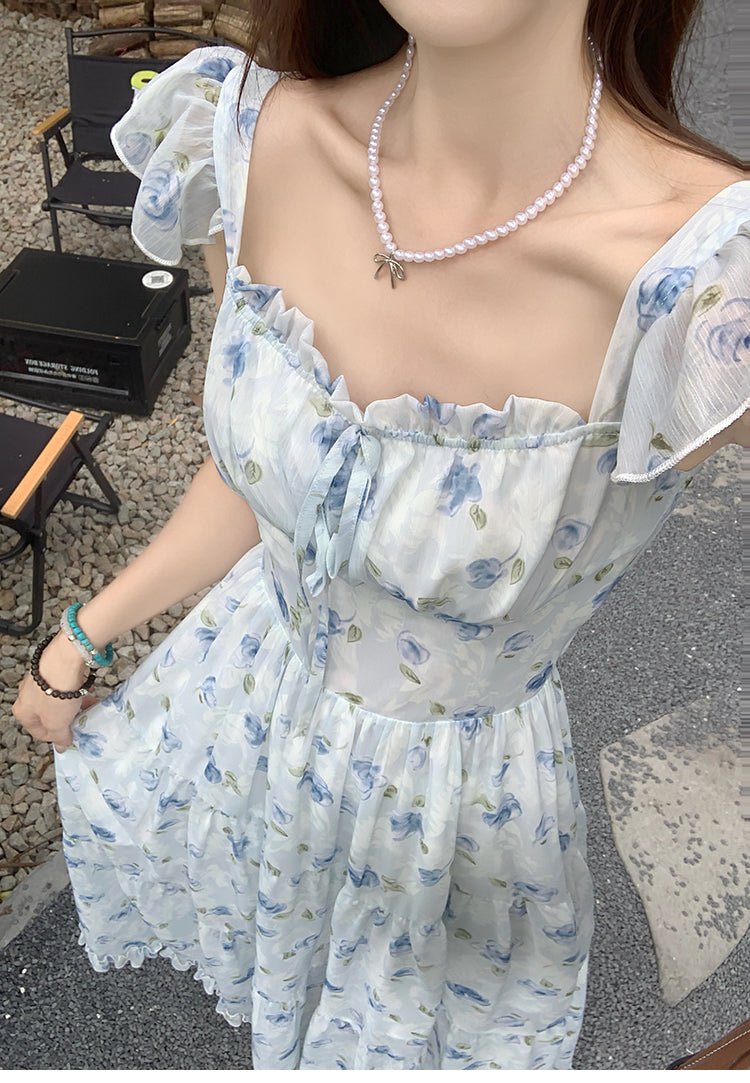 📺︎︎ CGBMD1555-41B 碎花雪紡連衣裙春夏露腰背交叉綁帶