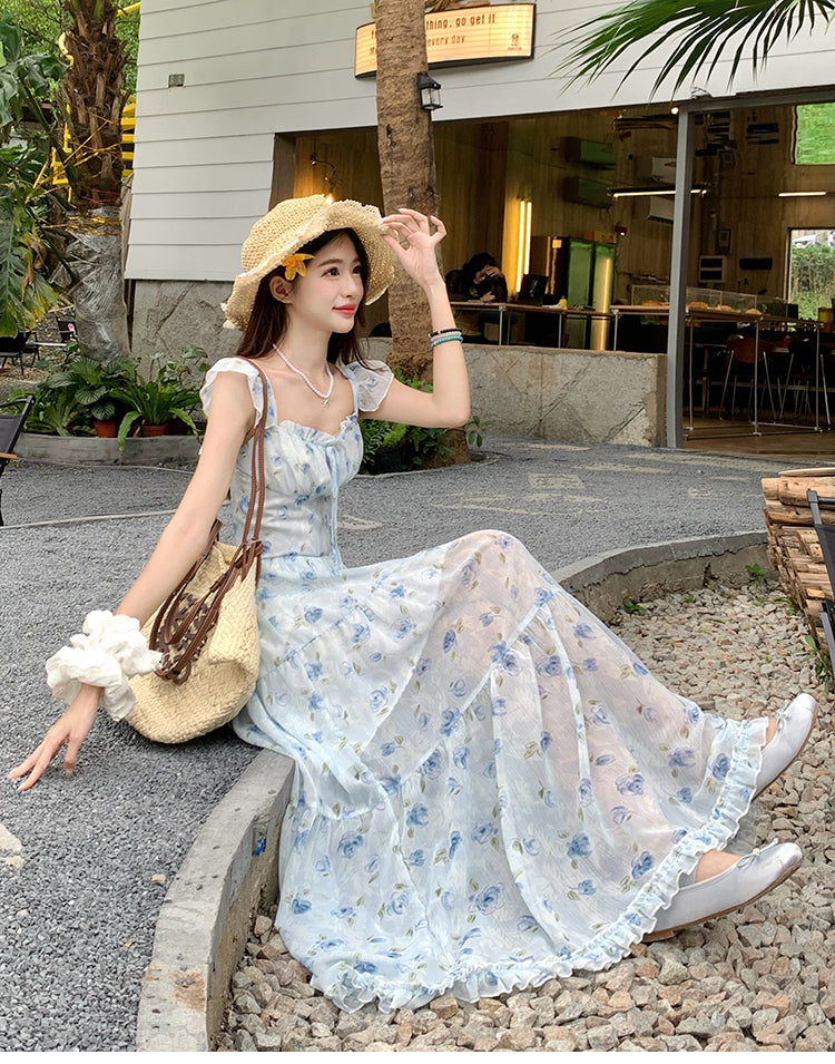 📺︎︎ CGBMD1555-41B 碎花雪紡連衣裙春夏露腰背交叉綁帶