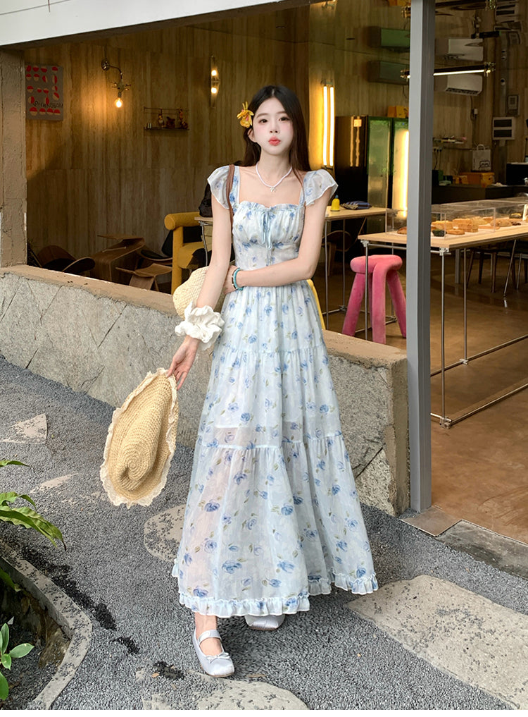 📺︎︎ CGBMD1555-41B 碎花雪紡連衣裙春夏露腰背交叉綁帶
