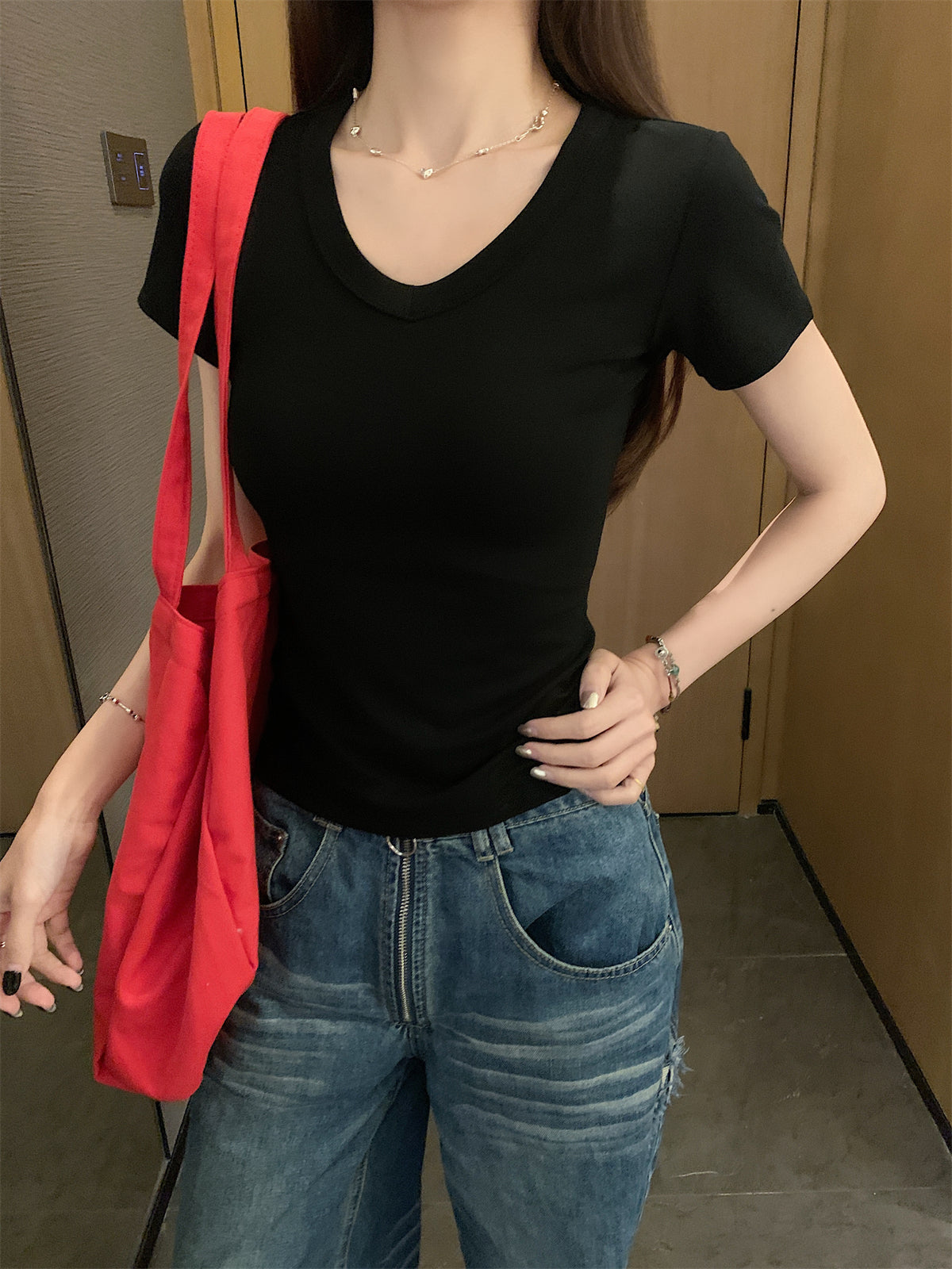 CGE16357-56B 夏季V領簡約百搭短袖T恤上衣(5色)
